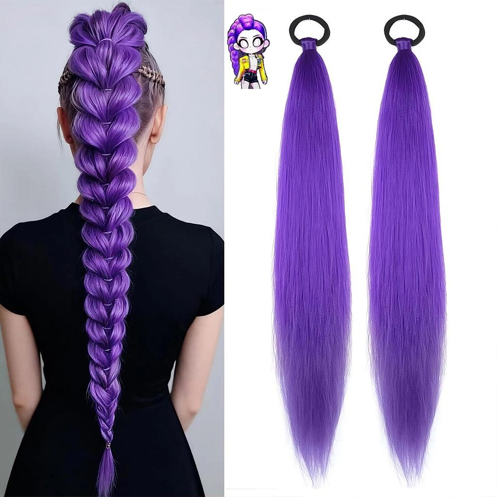 Synthetic Braided Purple Hair Extensions Ponytail Costume Hairstyle Long Ponytail with Clips for Kids Girls Halloween Christmas