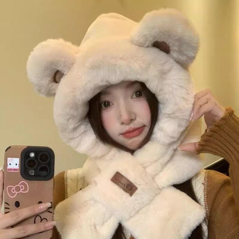 Cute bear plush hat women's autumn and winter new cold-proof and warm hat, scarf integrated thickened ear protection headgear
