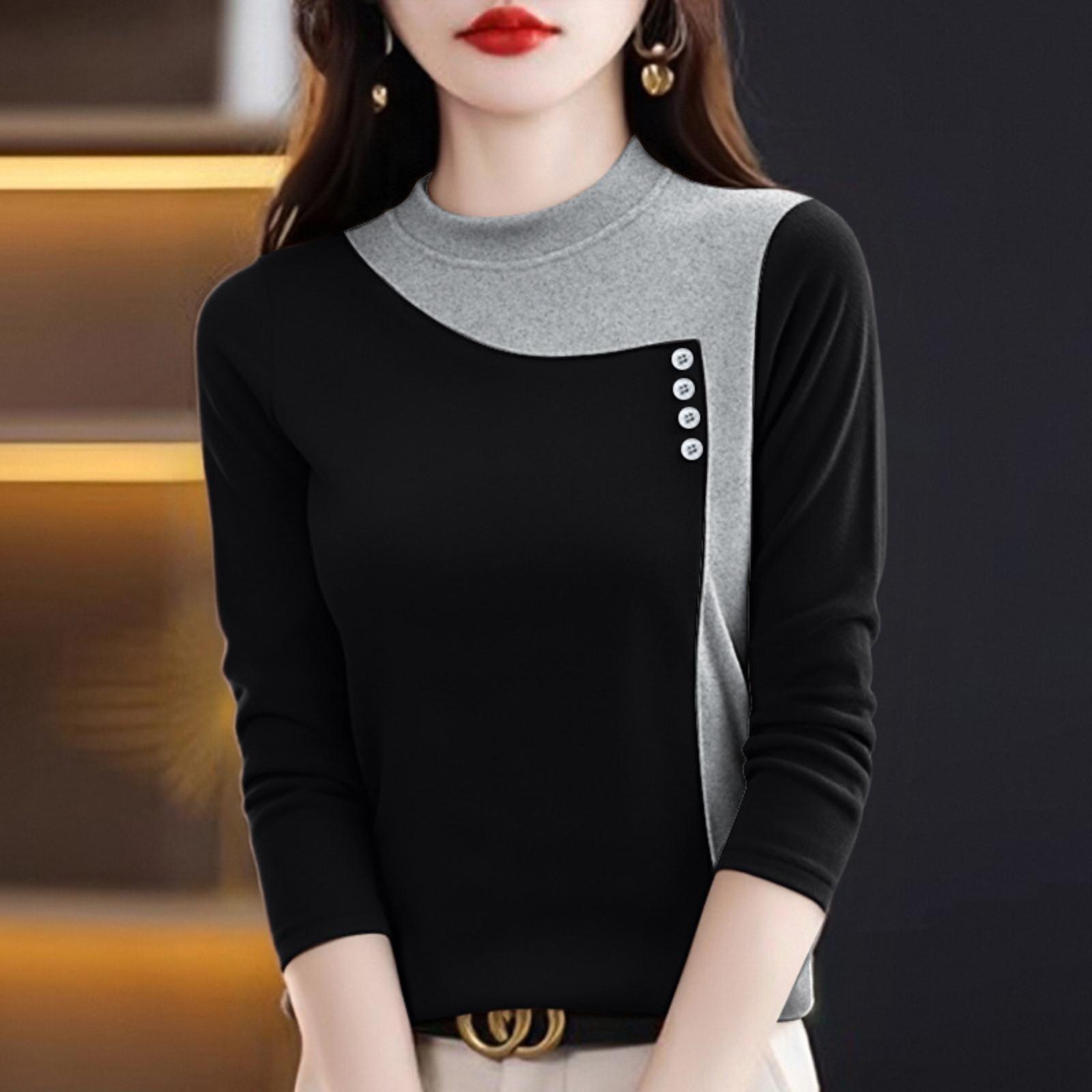 Женский топ с половинным флисовым подкладом, с половинным высоким воротом, с цветными блоками, модный базовый слой L чёрный