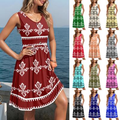 Women Casual Sleeveless Summer Dresses  Spring Crewneck Patchwork Boho Floral  Cocktail Party  Dress