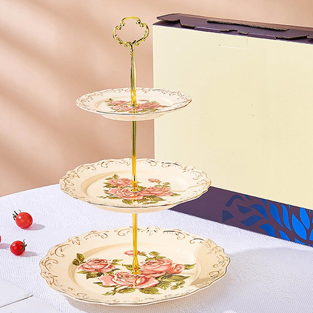 3-Tier Ceramic Dessert Stand with Metal Frame-European Style Buffet Display for Cakes, Fruits,Tea Party Wedding Table Decor