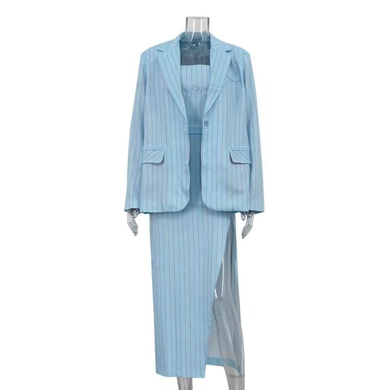 

Fashion Style Stripes Suit Outwear Sling Dress Two-piece Set Striped Suit and Dress Set Blue L