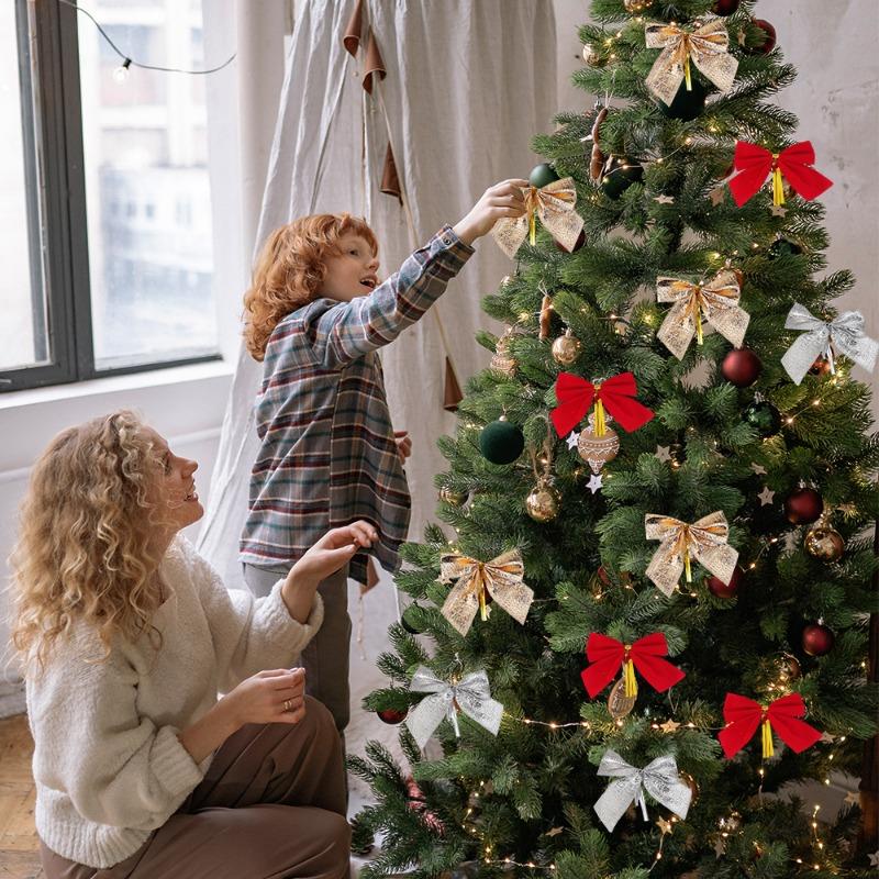 12/240pcs Christmas Bows Hanging Decorations Gold Silver Bowknot Christmas Tree Ornaments New Year Xmas Party Gift Decoration