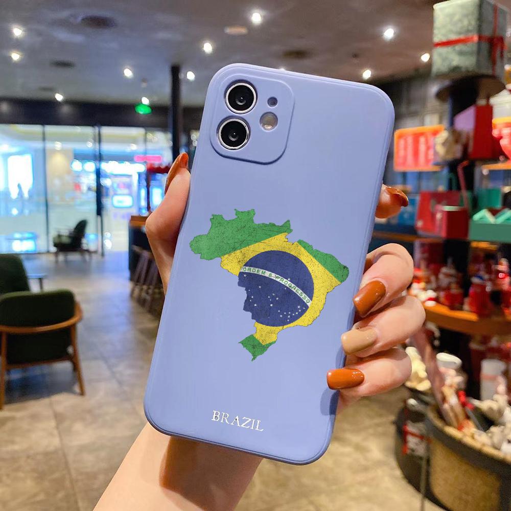 Brasilien Flagge Fußball Luxus Quadratisch Flüssigsilikon Handyhülle Für iPhone 14 11 12 13 Pro Max Mini X XS XR 7 8 Plus SE2 DIY Hülle