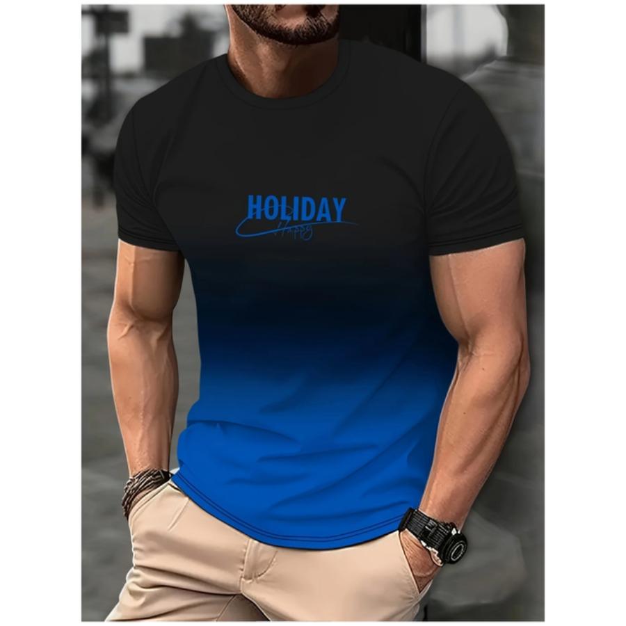 Fashion Men's Gradient Colour Letter 3D Printed T-Shirt Casual Short Sleeve Round Neck T Shirt Summer Outdoor Sports Tees Clothing