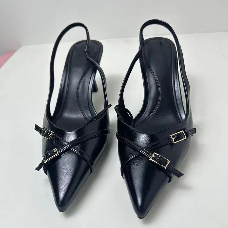 Luxuriöse Damen-Sommersandalen Elegante Schwarze Spitz zulaufende High Heels Büro-Damenschuhe Kreuzschnallenriemen Modisches Schuhwerk