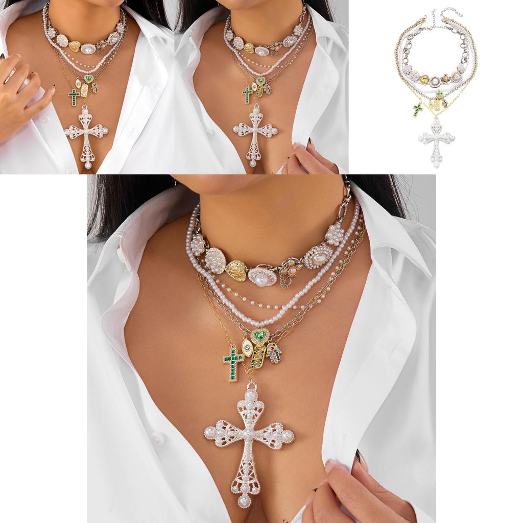 Style Layered Cross Pendant Necklace With Rhinestone Embellishments For Women