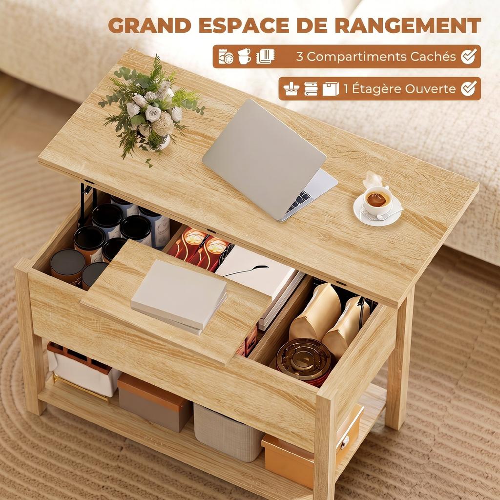 Lift-Top Extendable Coffee Table, Hidden Compartment, Open Shelf, 100 x 45 x 50.5 cm, Natural Wood