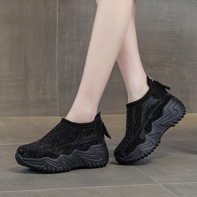 

Fashion 8CM Air Mesh Microfiber Leather Chunky Sneaker Ankle Boots Flatform Wedge Bling High Brand Comfy Spring Summer Shoes Women 34