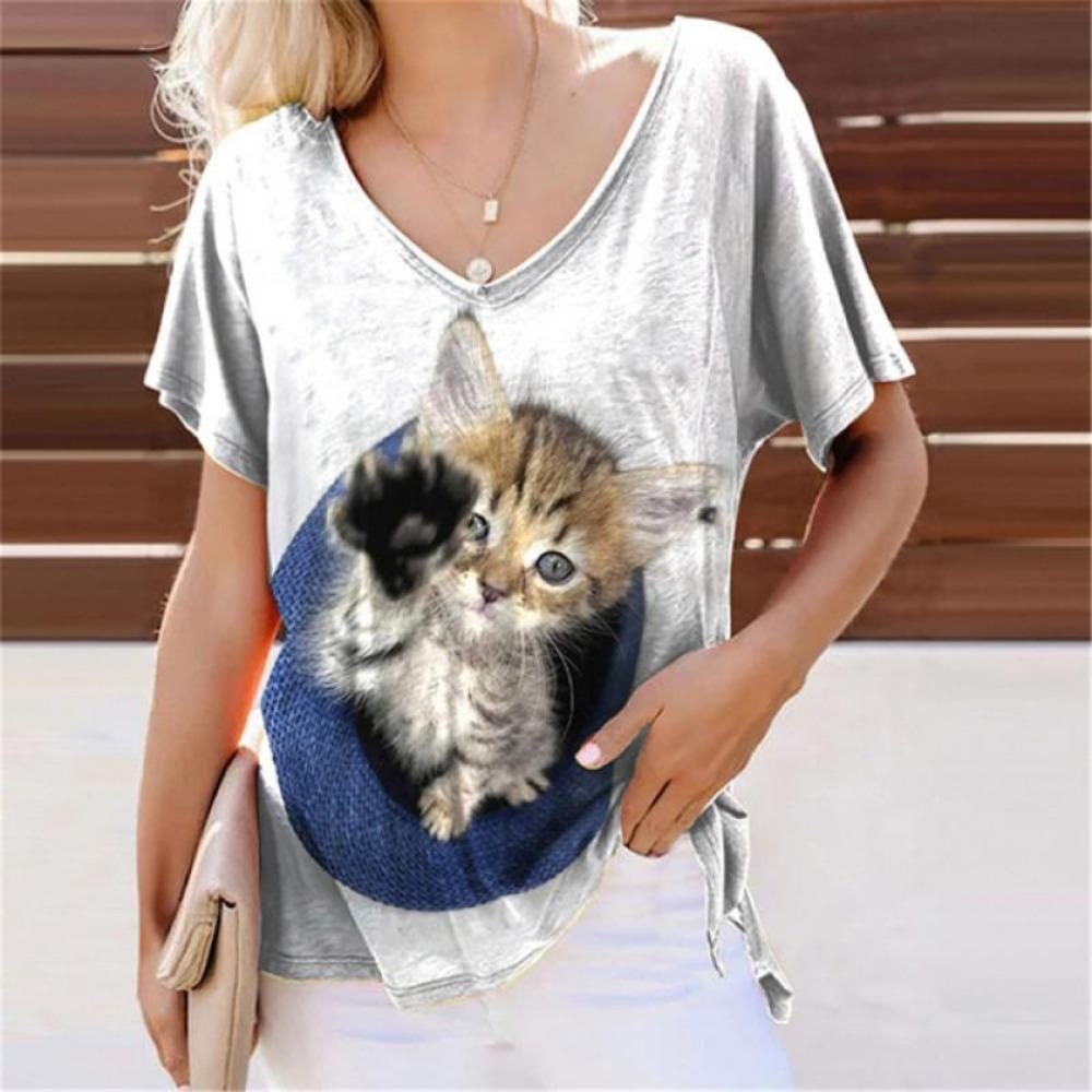 Summer Lovely Cat 3D Print T-Shirts Women Casual V-Neck Short Sleeve T Shirt Y2k Harajuku Animal Tees Loose Tops Female Clothing
