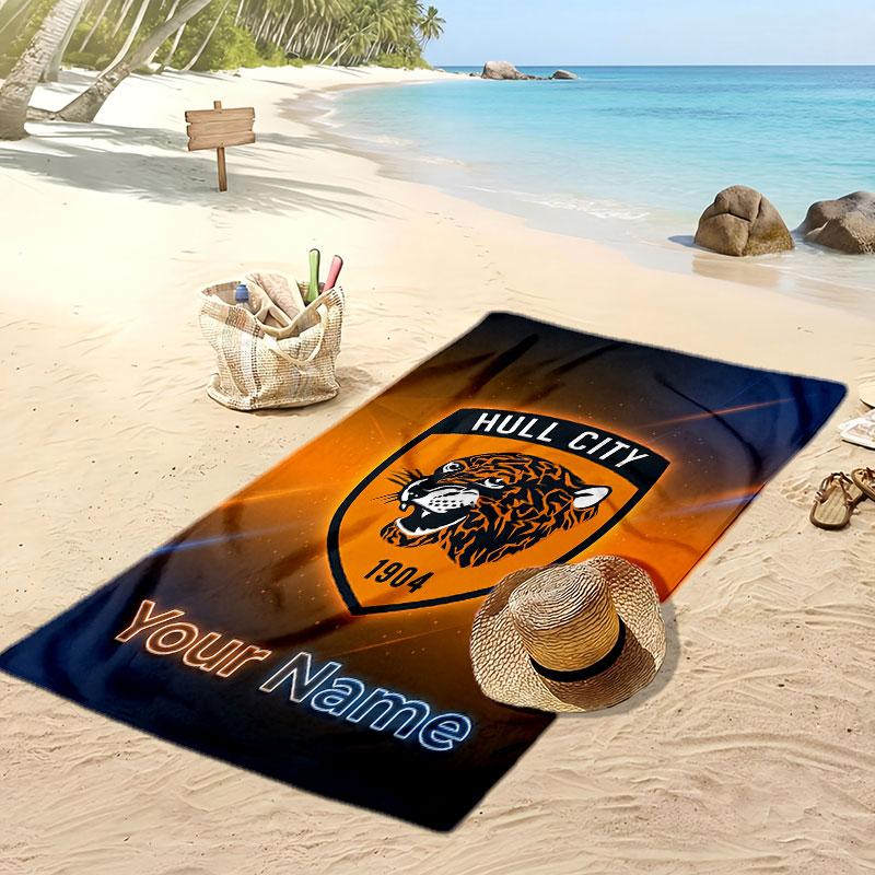 Asciugamano da Spiaggia Personalizzato Stampato Hull City Logo Calcio Supporto Nome Personalizzato Testo Asciugamano Assorbente Per Sport Viaggio Regalo Speciale
