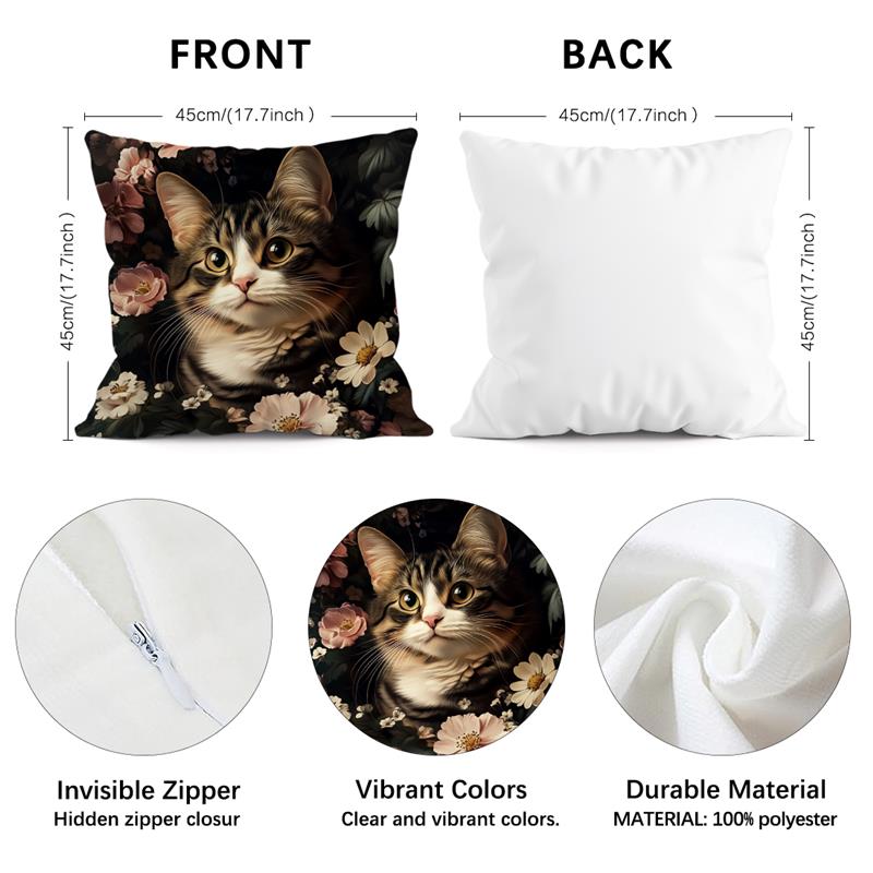 1 Pc Retro Cat Flowers Pillow Cover For Home Living Room Bedroom Sofa Office Decorative Pillowcase Soft Throw Pillows 45*45 Cm