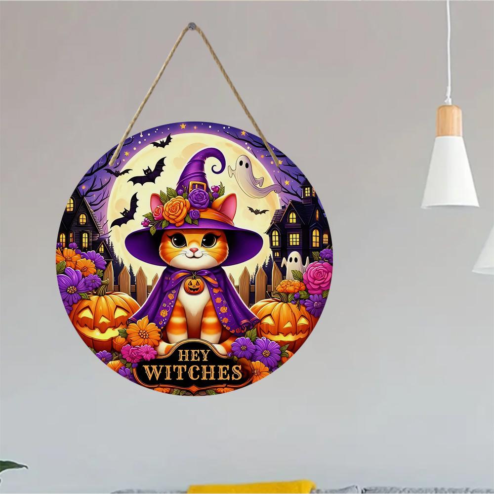 Cute Halloween cat witch themed round wooden hanging plaque spooky pumpkin floral wall sign indoor outdoor home festival party decor gift