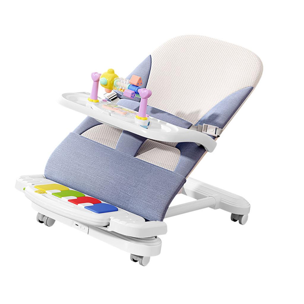 Bujany fotel dla niemowląt z wyjmowaną tacką na jedzenie, kółka uniwersalne, stopa, fortepian, muzyka, bujany fotel dla niemowląt