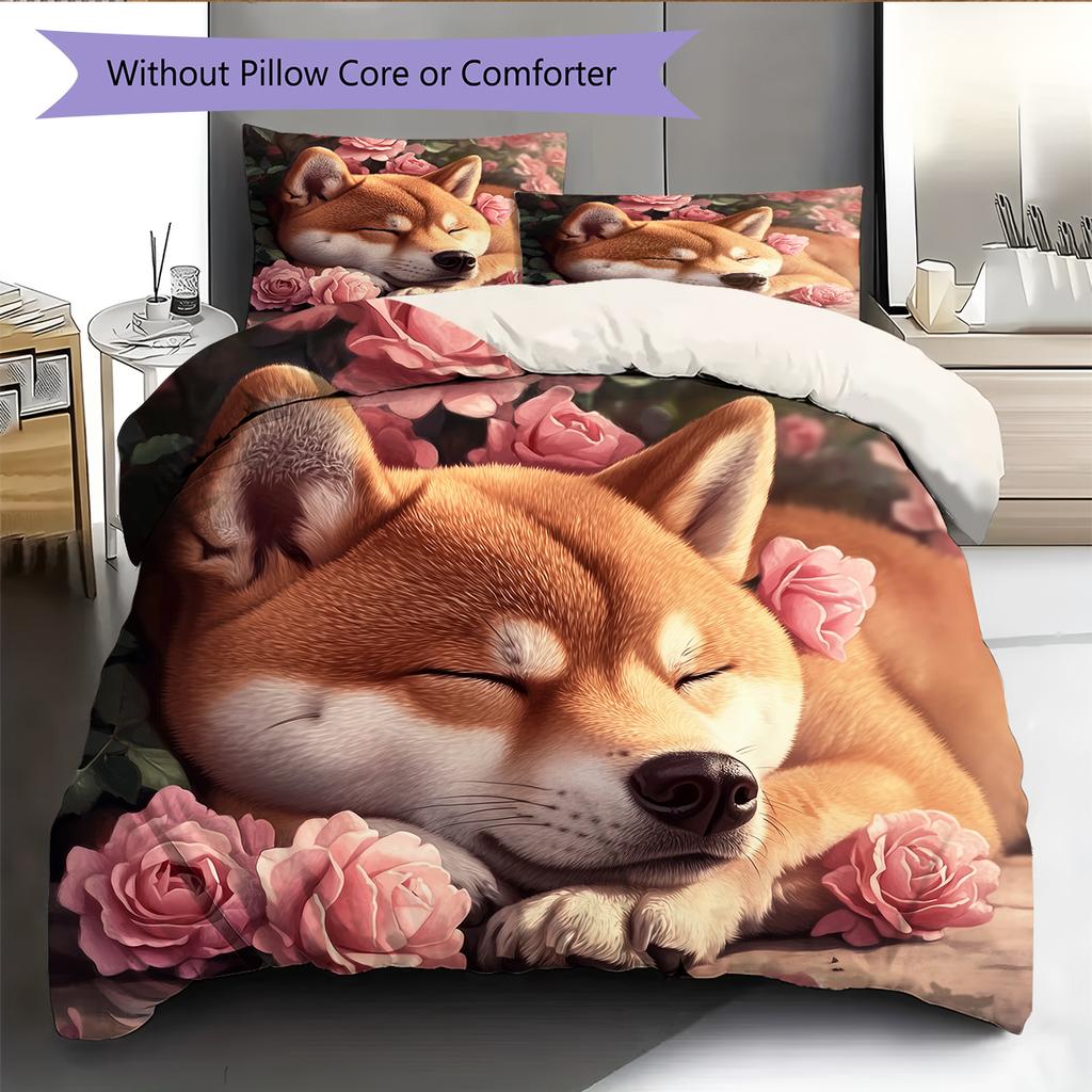Shiba Inu and Rose Pattern Bedding Home Decoration Birthday Gift (1 * duvet cover + 2 * pillowcase, without core)
