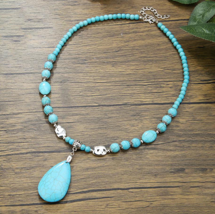 Multiple Styles Available Necklace for Women Natural Turquoise Beaded Jewelry Niche Sense Double Teardrop Pendant Turquoise Beautiful Elegant Necklace