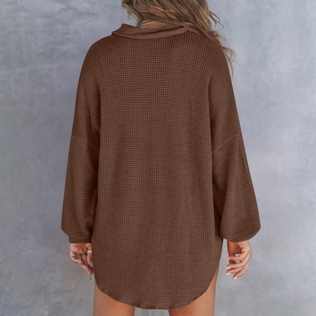 Damska modna jednokolorowa dzianinowa bluzka z długim rękawem i dekoltem w serek, jednokolorowa swobodna tunika