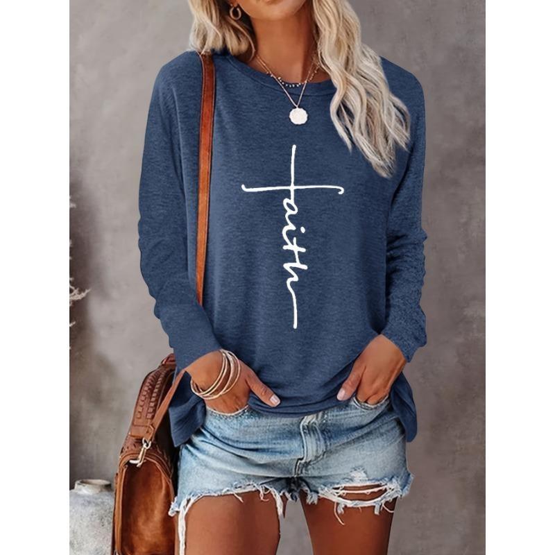 Gradient Faith Letter Print Women's T-shirt Long Sleeve Top Female Graphic Blouse Women's Clothing Shirts Autumn Outdoor Casual