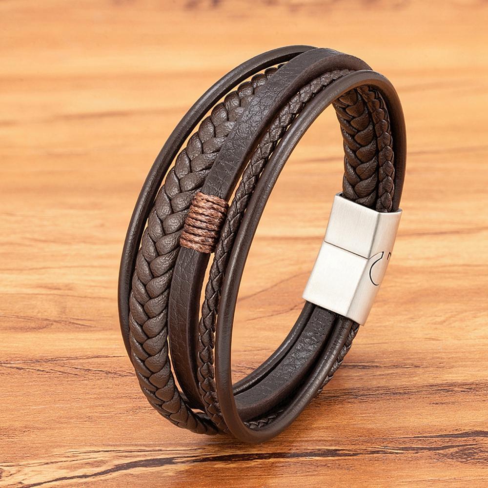 Luxury Fashion Hand-Woven Leather Bracelet Multilayer Men's Bangles Stainless Steel Magnetic Buckle Party Jewelry Gift