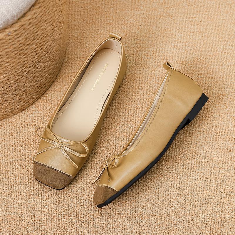 

W788-1 Huiliya Нежные весенне-осенние туфли с бантом, мягкой подошвой, из мягкой кожи, дуду, женские, для беременных, на плоской подошве, с квадратным носком, с мелким вырезом, одинарные туфли 40 жёлтый