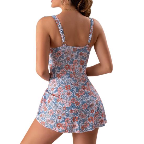 Women Swimsuit U-Neck Sleeveless Padded Swimming Dress Side Knot Irregular Hem Floral Print Monokini