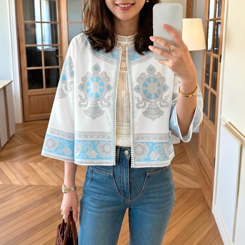 ZANZEA Women Ethnic Print Casual Open-front 3/4 Sleeve Loose Cardigan Blouse