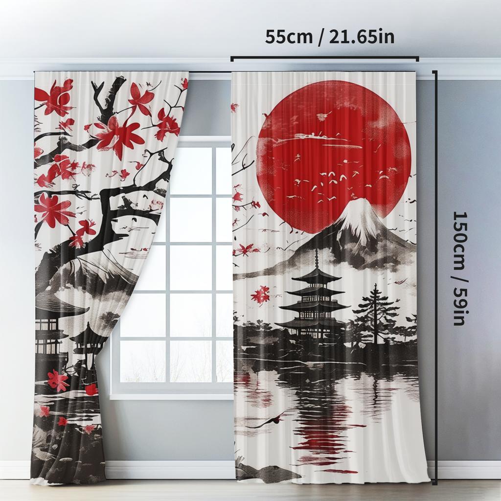 Sakura Dark Curtains Japanese Pagoda Art Print Living Room Bedroom Kitchen Set Of 2 Made Polyester With Rod Pocket Area Decor