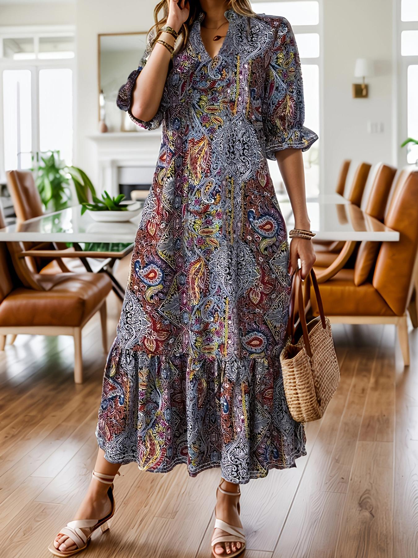 

Women s Long Paisley Print Ruffled Hem V-Neck Half-Sleeve Bohemian Dress S красный