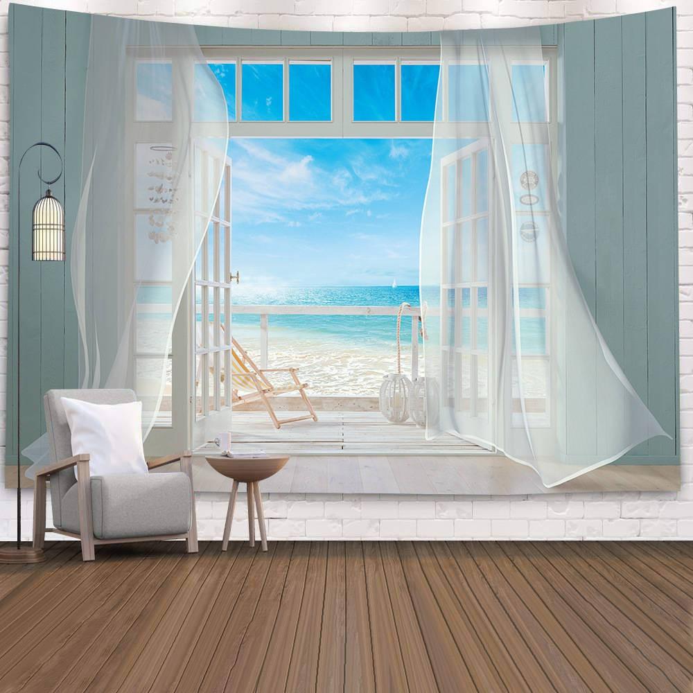 Wall Hanging Living Room Bedroom Window Natural Landscape Beach Large  Covering Decoration Tapestry Background Cloth Bedside