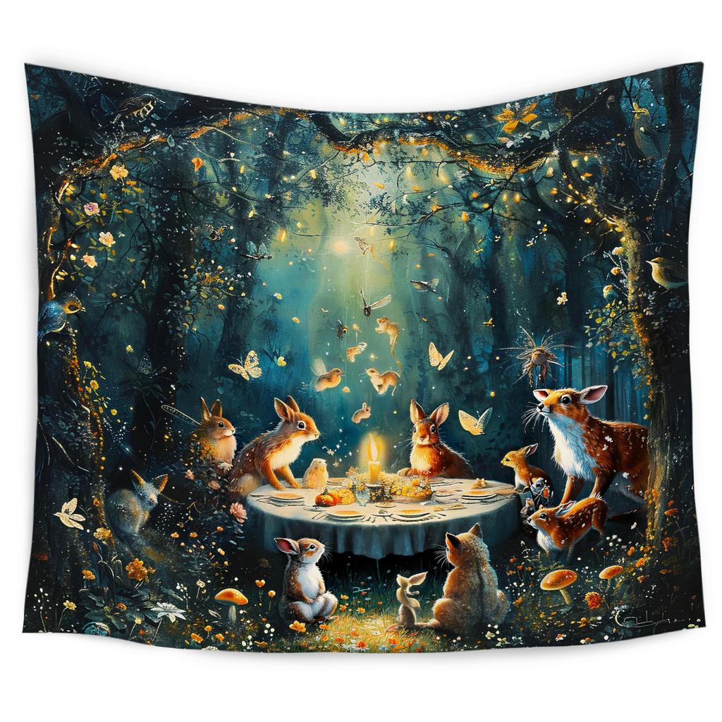Enchanted Forest Tapestry, Fantasy Woods Tapestry Wall Hanging, Magical Wildflower Forest Animal Wall Blanket Decor For Home