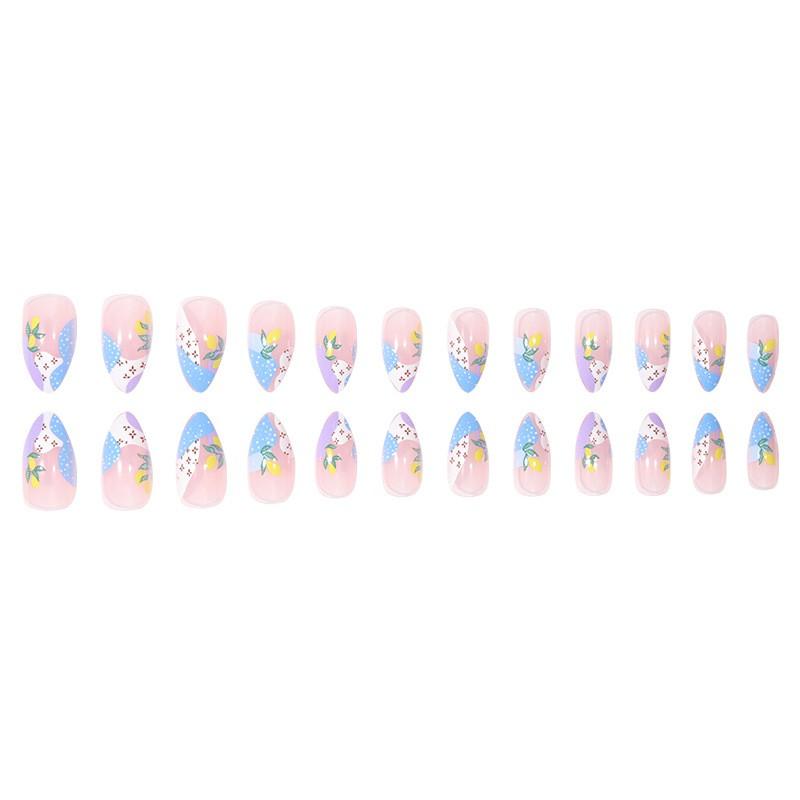24pcs Press-On Nails With Floral Print Sweet Style Acrylic Tips Women Glue Jelly Adhesive