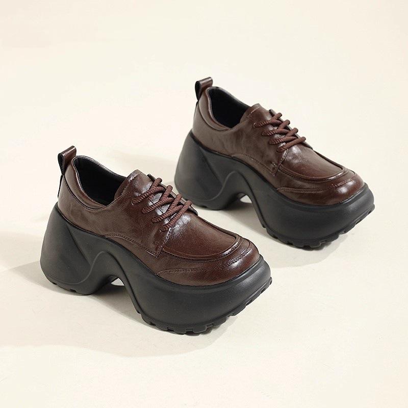 Thick-soled Black Small Leather Shoes, New British Style Retro Round Head Heightening Lace-up Single Shoes In Spring and Autumn