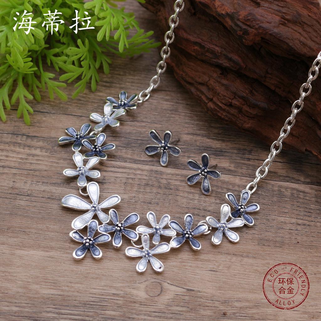 Colored flower stud earrings necklace set, fashionable painted oil flower women's versatile earrings neck chain