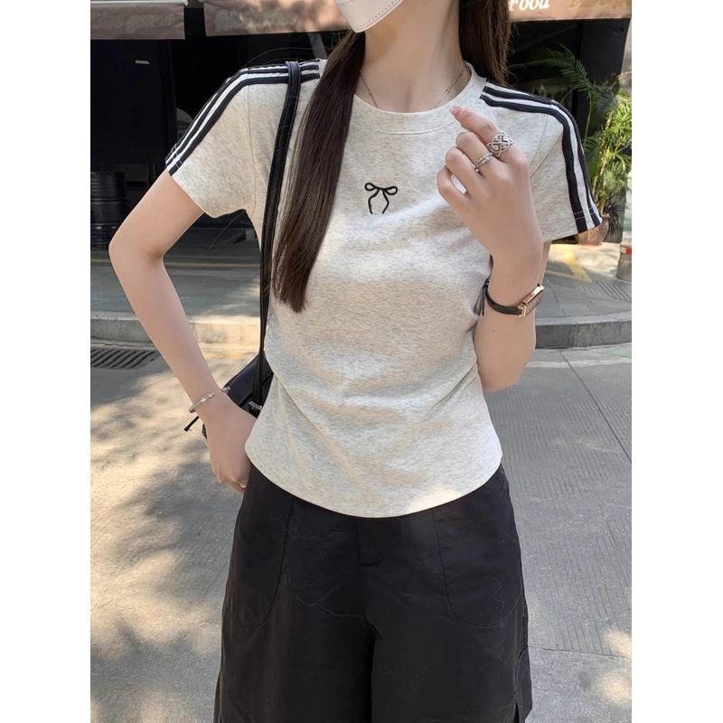 Kumikumi Design Sense Bow Embroidered Shoulder Short sleeve T-shirt Women clothes Summer Slimming Versatile Chic Top