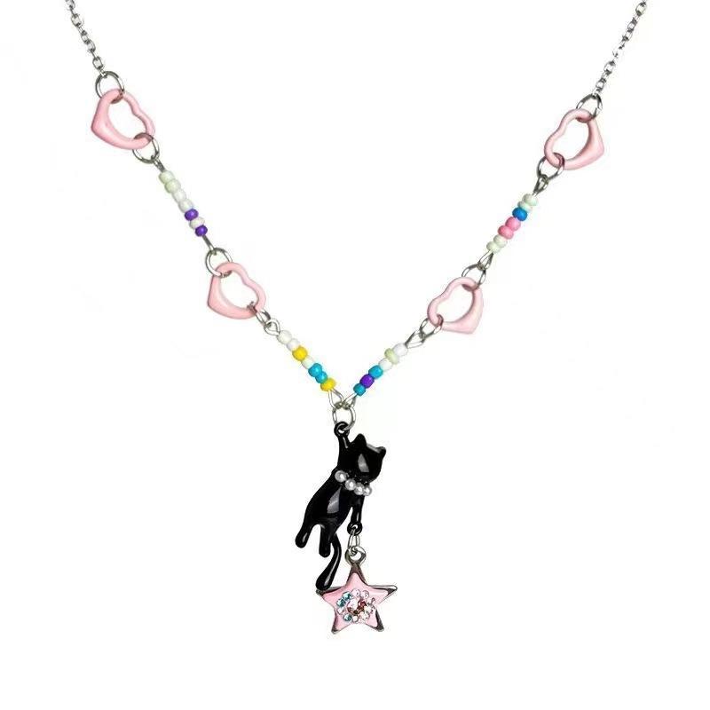 New Black Cat Pink Love Necklace That Steals Stars, Summer Female Y1k Dopamine Sweet and Cool Babes Beaded Neck Chain.