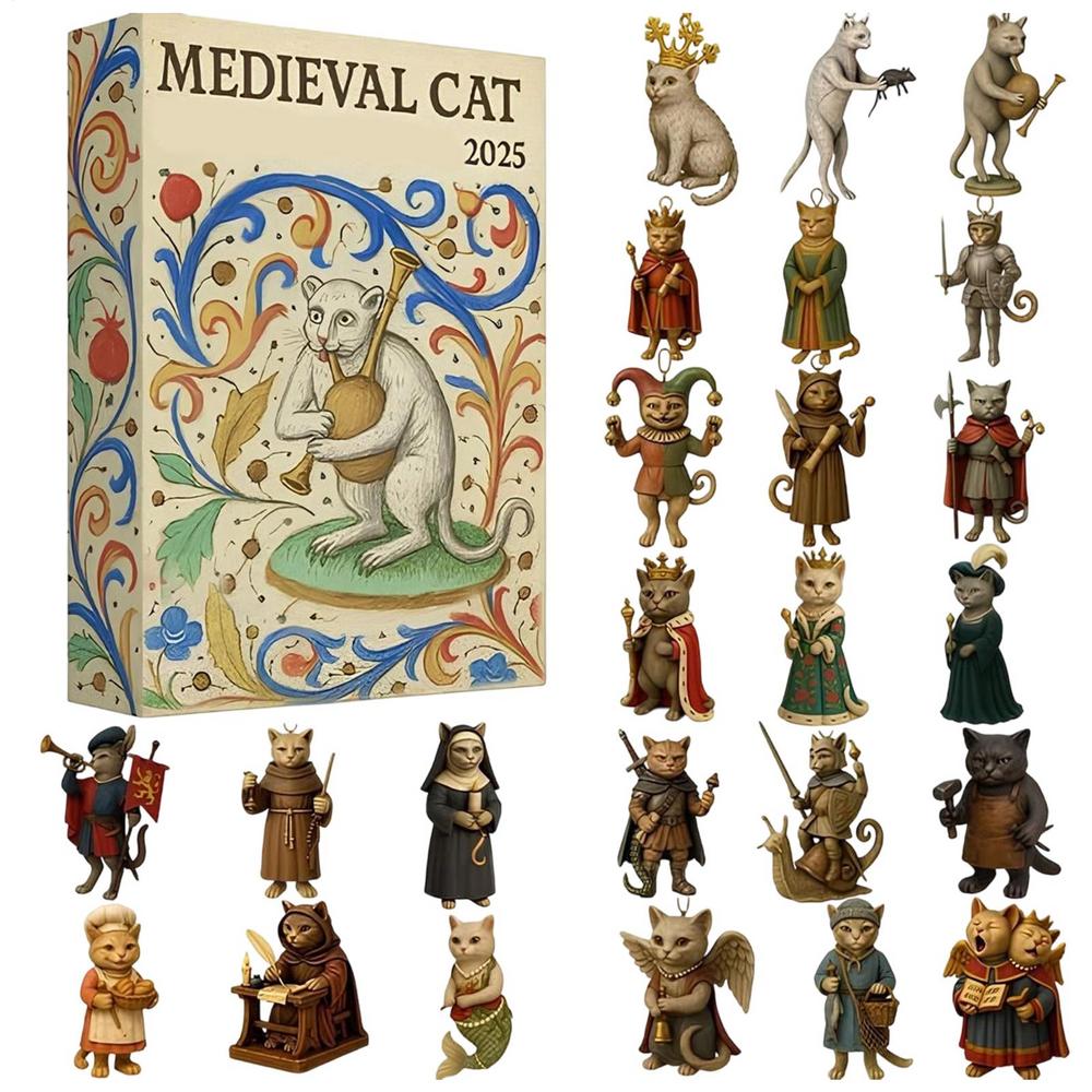

Christmas Cat Ornament Countdown 24 Day Medieval Theme Flat Toy Countdown To Christmas Calendar for Kids Toddler Teen Adult Boy M