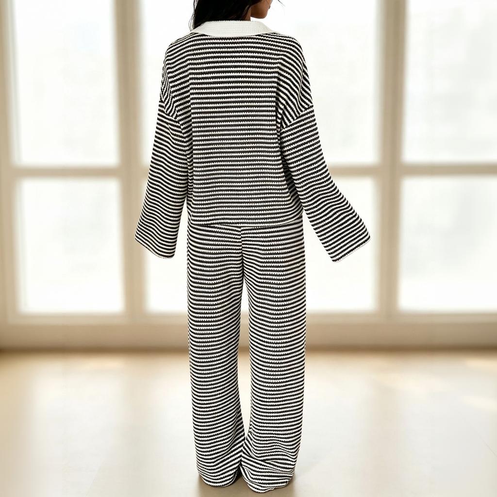 Women's Casual Striped Collar Long Sleeve Top and Straight Wide Leg Pants Set