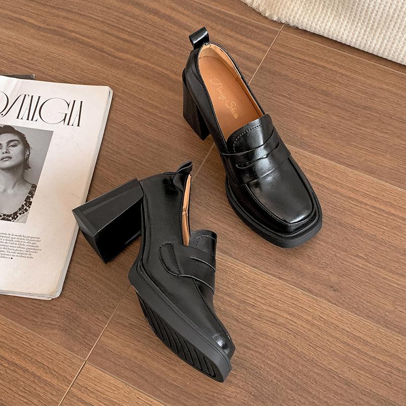 Retro British style high-heeled platform small leather shoes, spring and autumn versatile height-increasing one-pedal loafers 35