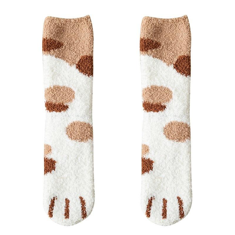Autumn and Winter Coral Fleece Socks Women's Sleeping Mid-tube Socks Cute Cat's Claw Socks Thickened Warm Sweet Floor Socks