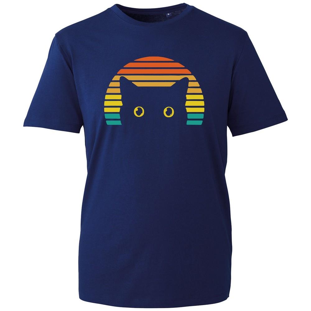 Retro Cat Sunset TShirt Funny Peeking Black Cat Graphic Unisex Cotton Black Tee S