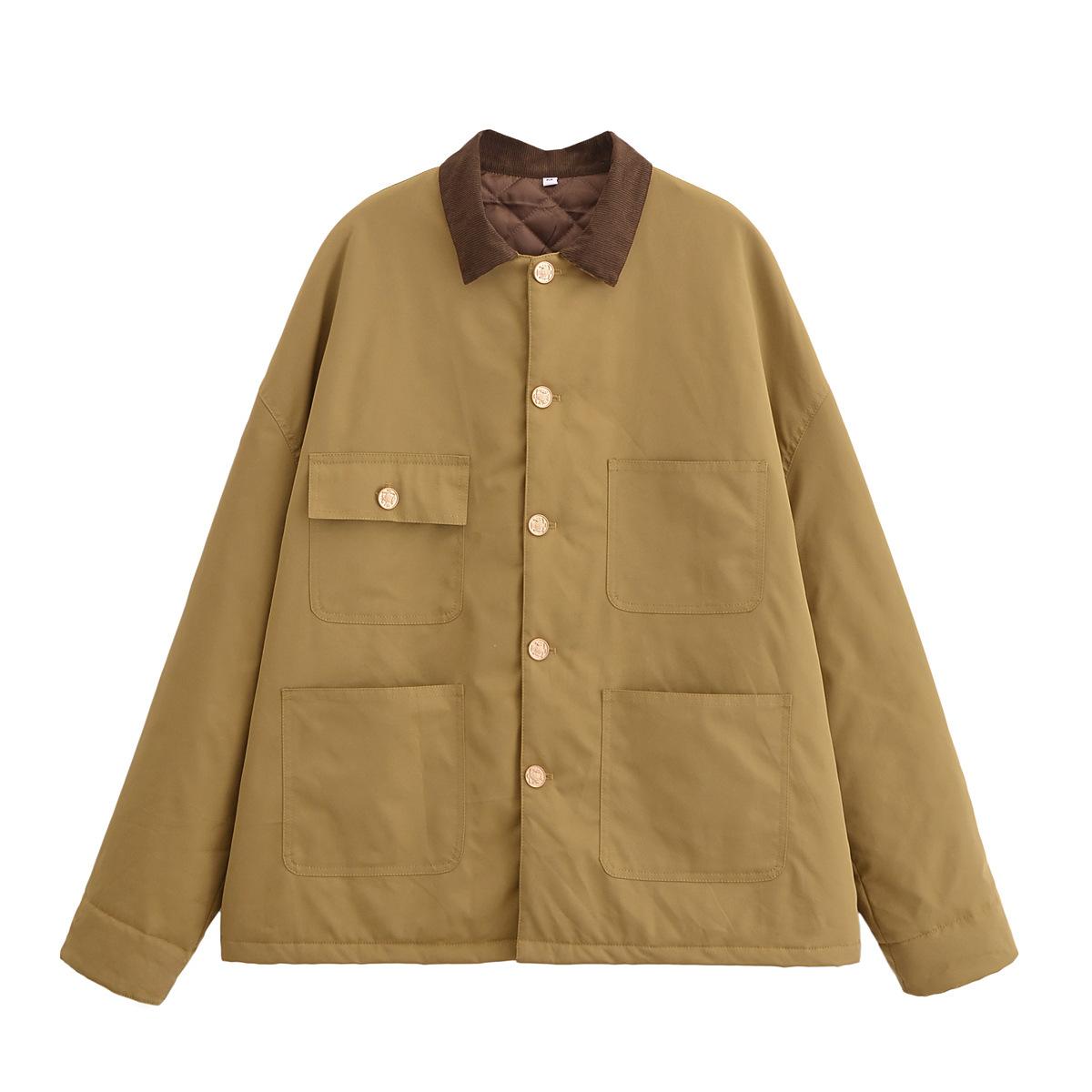 

Осенняя новая женская одежда, ветрозащитный дизайн, свободная хаки контрастная куртка, хлопковая куртка L