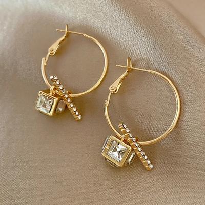 New Korean Trendy Charm Geometric Square Crystal Drop Dangle Earrings for Women Luxury Gold Color Hoop Earring Party Jewelry