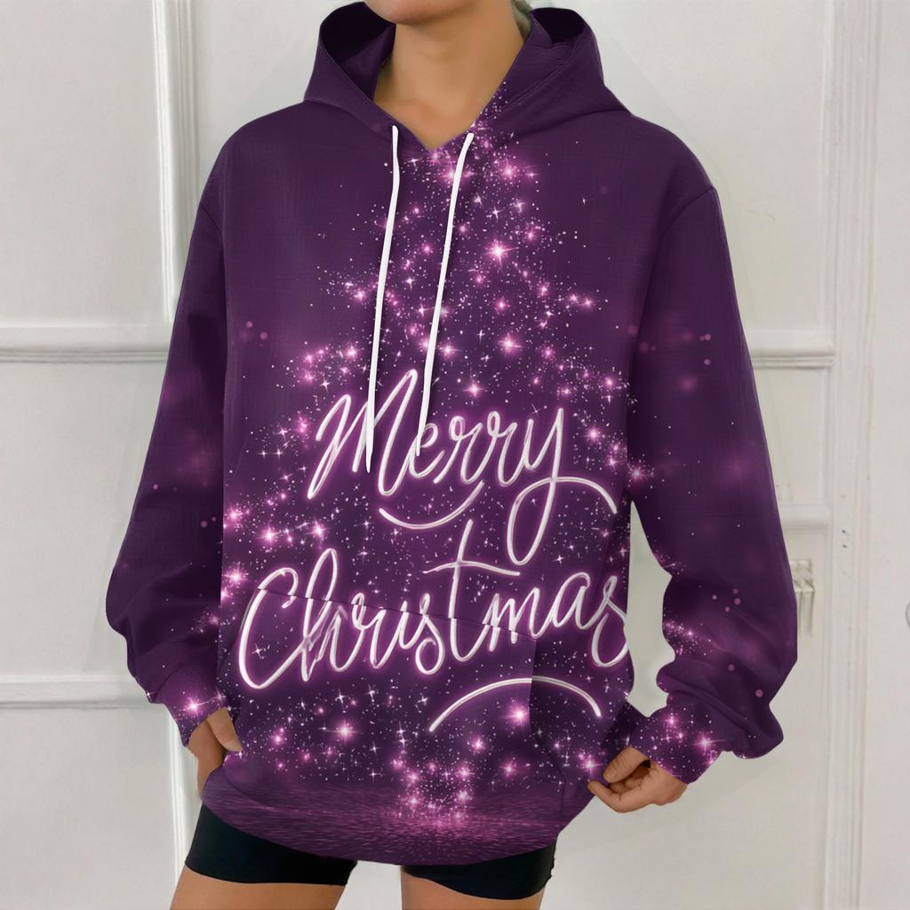 Women's Fashion Sweatshirt Christmas Print Casual Hooded Sweatshirt With Pockets