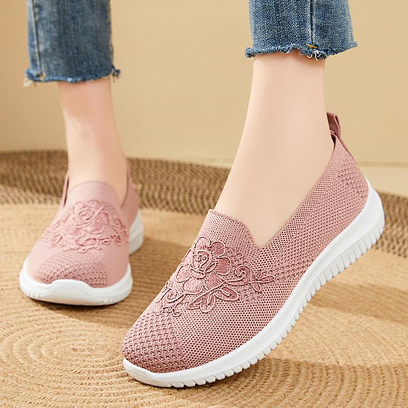 Lightweight Embroidery Knitted Sneakers for Women Slip On Breathable Mesh Walking Shoes Woman Comfortable Soft Sole Casual Shoes