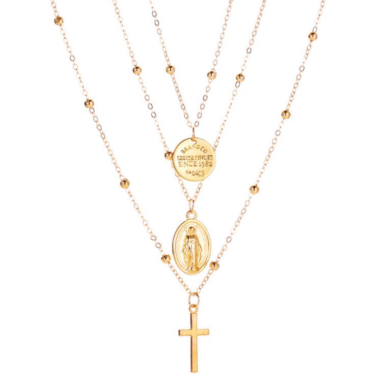 Golden Multi-layer Pearl & Portrait Pendant Necklace - Fashion Retro Clavicle Chain for Women