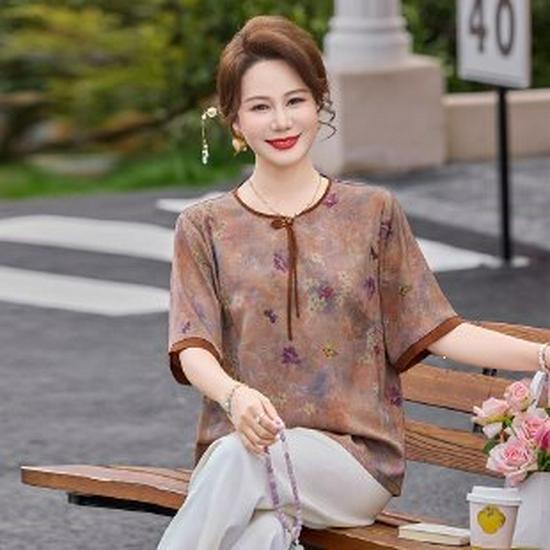 Dignified & Elegant Spring/Summer T-shirt for Middle-Aged & Elderly Women - Short-Sleeved Chinese Style 2XL