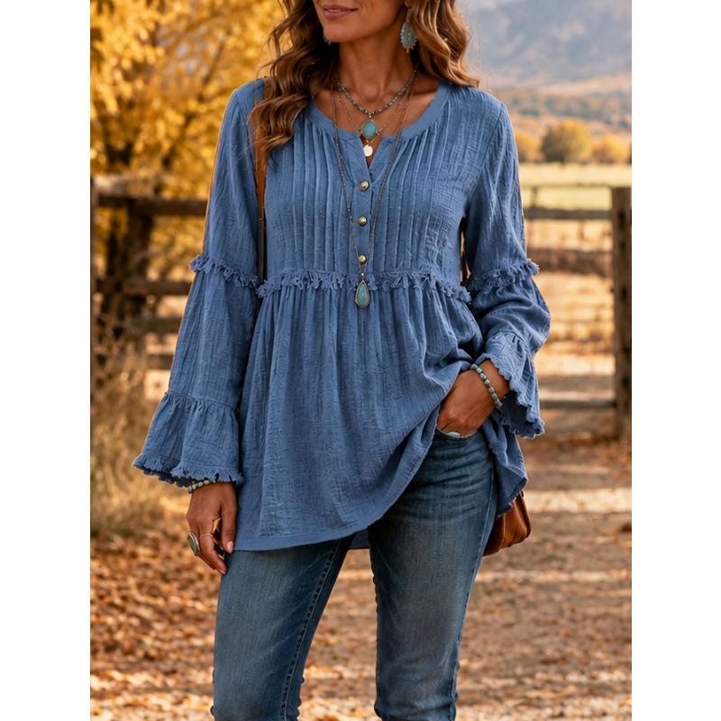 Women S Casual Loose V Neck Long Sleeve Blouse With Lace Trim