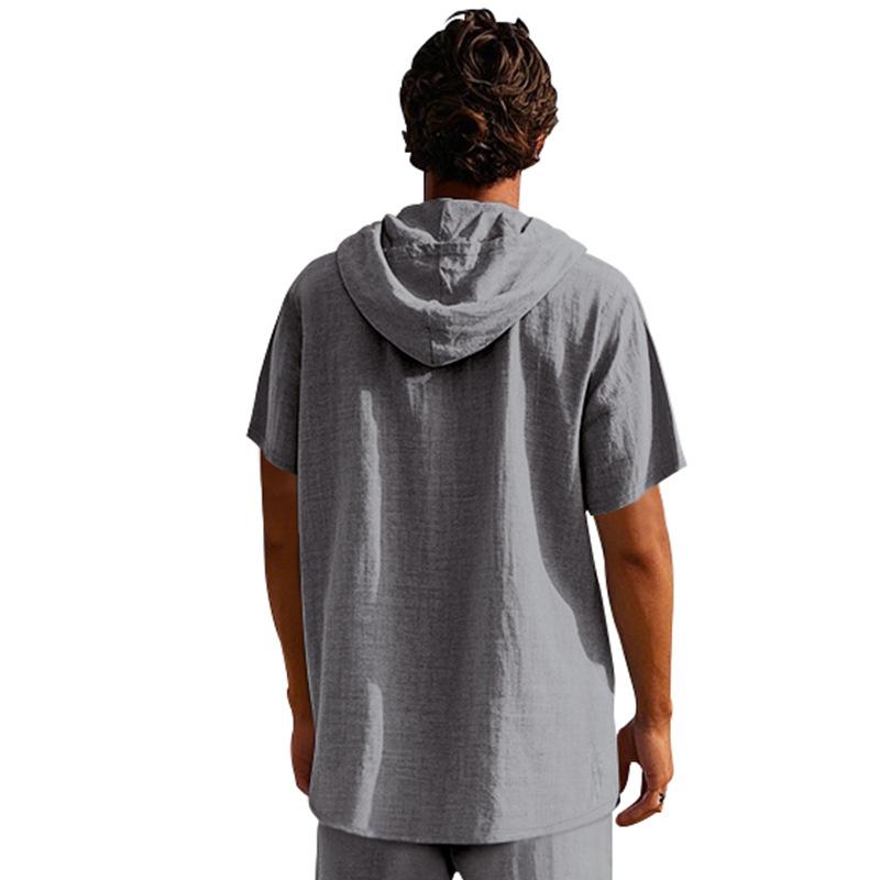 Herren Heiß Verkauft Amerikanisches Sommer Leinenhemd, Einfaches Lockeres Freizeit Kapuzen Henley Kurzarm T-Shirt
