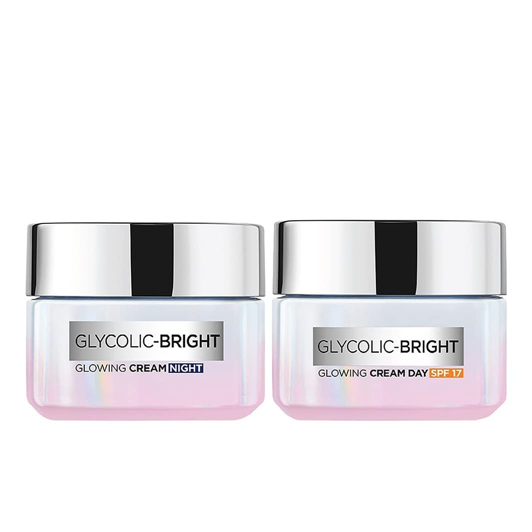 L OREAL PARIS Glycolic Bright Day Cream With Spf17, 15 Ml + Glycolic Bright Glowing Night Cream, 15 Ml, Regime Pack Of 2