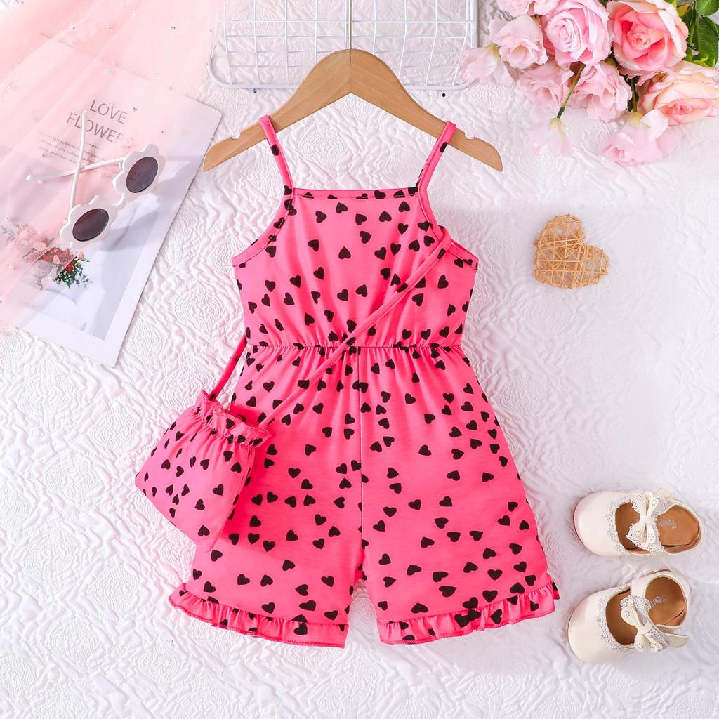 Girls' Heart Print Cami Romper with Matching Bag